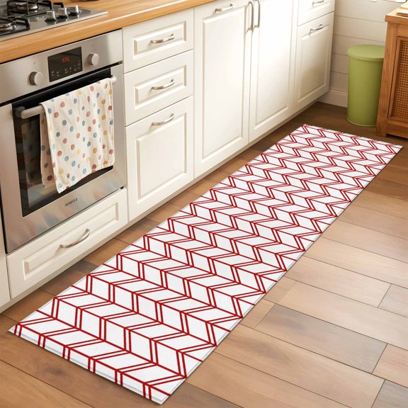 Kitchen Runner Rug Minimalist Red Herringbone Texture Runner Rugs for Bedroom Hallway Entryway Stair, Modern Geometric Stripe Area Rug Non-slip Washable Floor Carpet 2x6ft