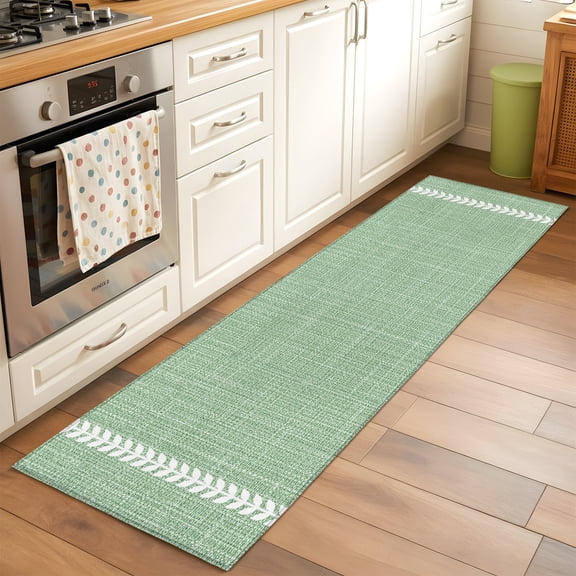 Kitchen Runner Rug Minimalist Sage Green Runner Rugs for Bedroom Hallway Entryway Stair, White Herringbone Stripe Area Rug Non-slip Washable Floor Carpet 2x6ft
