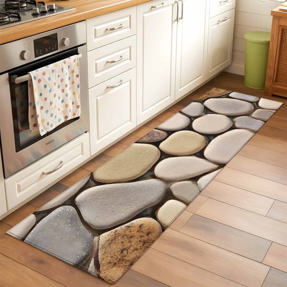 Kitchen Runner Rug Modern Cobblestone Texture Art Runner Rugs for Bedroom Hallway Entryway Stair, Seamless Brown Pebble Stone Area Rug Non-slip Washable Floor Carpet 2x6ft