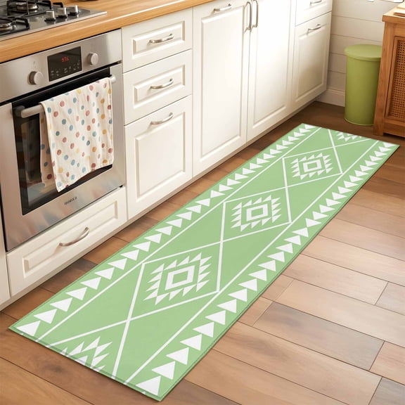 Kitchen Runner Rug Modern Green White Geometric Art Runner Rugs for Bedroom Hallway Entryway Stair, Ethnic Tribal Triangle Area Rug Non-slip Washable Floor Carpet 2x6ft