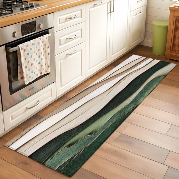 Kitchen Runner Rug Modern Khaki Green Wave Texture Runner Rugs for Bedroom Hallway Entryway Stair, Abstract Watercolor Geometric Washable Area Rug Non-slip Floor Carpet 2x6ft