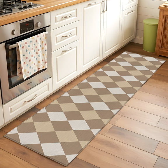 Kitchen Runner Rug Modern Minimalist Diamond Plaid Runner Rugs for Bedroom Hallway Entryway Stair, Brown Beige Khaki Geometric Washable Area Rug Non-slip Floor Carpet 2x6ft