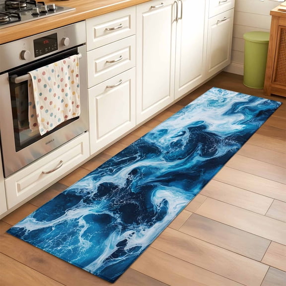 Kitchen Runner Rug Modern Nautical Ocean Blue Wave Runner Rugs for Bedroom Hallway Entryway Stair, Abstract Marble Texture Washable Area Rug Non-slip Floor Carpet 2x6ft