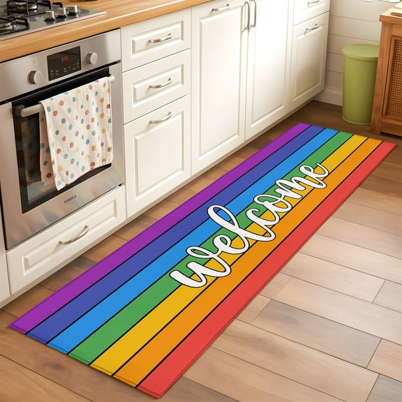Kitchen Runner Rug Modern Rainbow Stripe Runner Rugs for Bedroom Hallway Entryway Stair, Welcome Quote Colorful Line Washable Area Rug Non-slip Floor Carpet 2x6ft