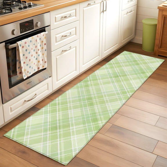 Kitchen Runner Rug Modern Sage Green Buffalo Plaid Runner Rugs for Bedroom Hallway Entryway Stair, Abstract Woven Line Texture Washable Area Rug Non-slip Floor Carpet 2x6ft