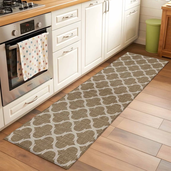 Kitchen Runner Rug Moroccan Geometric Style Runner Rugs for Bedroom Hallway Entryway Stair, Vintage Brown Linen Texture Area Rug Non-slip Washable Floor Carpet 2x6ft