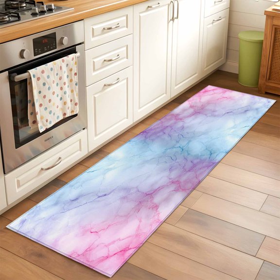 Kitchen Runner Rug Natural Marble Agate Stone Texture Runner Rugs for Bedroom Hallway Entryway Stair, Pink Blue Gradient Area Rug Non-slip Washable Floor Carpet 2x6ft