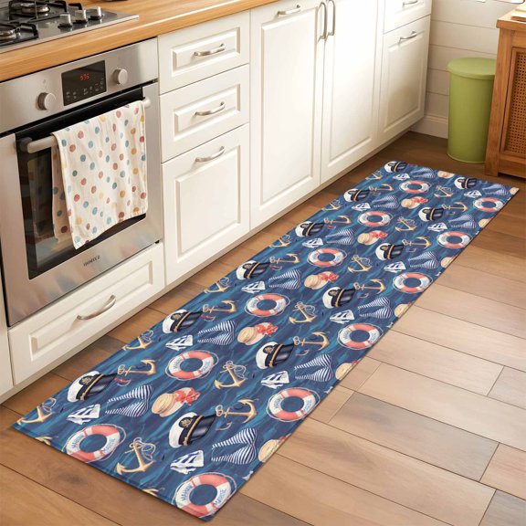 Kitchen Runner Rug Nautical Anchor Swimsuit Navy Cap Seamless Runner Rugs for Bedroom Hallway Entryway Stair, Navy Blue Ocean Washable Area Rug Non-slip Floor Carpet 2x6ft