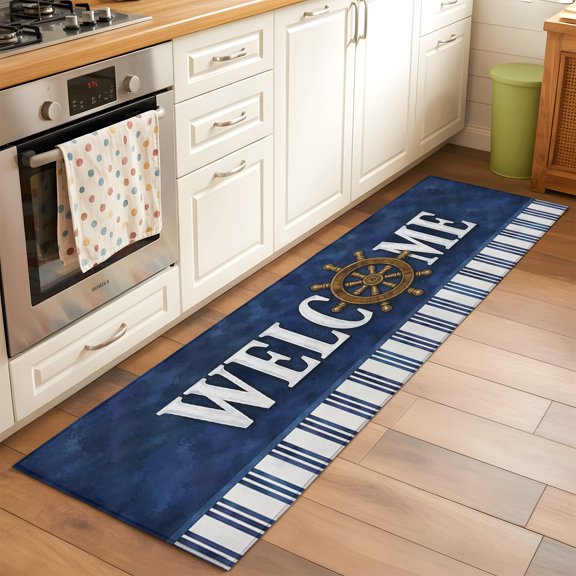 Kitchen Runner Rug Nautical Compass Welcome Text Runner Rugs for Bedroom Hallway Entryway Stair, Coastal Navy Blue Stripe Washable Area Rug Non-slip Floor Carpet 2x6ft
