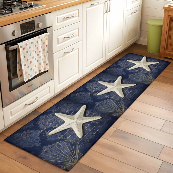 Kitchen Runner Rug Nautical Retro Starfish Shells Runner Rugs for Bedroom Hallway Entryway Stair, Deep Blue Ocean Area Rug Non-slip Washable Floor Carpet 2x6ft
