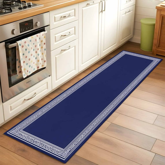 Kitchen Runner Rug Navy Blue Abstract Geometric Runner Rugs for Bedroom Hallway Entryway Stair, Back Print Border Area Rug Non-slip Washable Floor Carpet 2x6ft