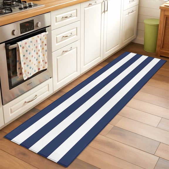 Kitchen Runner Rug Navy Blue and White Stripes Runner Rugs for Bedroom Hallway Entryway Stair, Marine Style Area Rug Non-slip Washable Floor Carpet 2x6ft