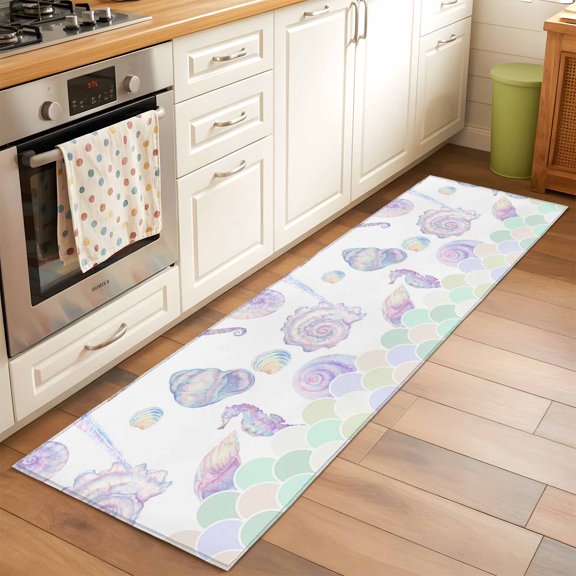 Kitchen Runner Rug Ocean Seahorse Conch Shell Runner Rugs for Bedroom Hallway Entryway Stair, Underwater World Mermaid Scale Gradient Area Rug Non-slip Washable Floor Carpet 2x6ft