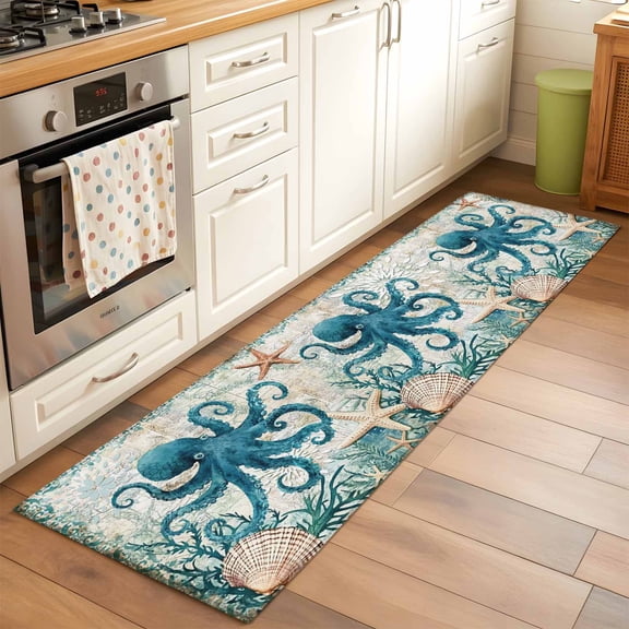 Kitchen Runner Rug Octopus Starfish Shell Sea Monster Runner Rugs for Bedroom Hallway Entryway Stair, Nautical Map Washable Area Rug Non-slip Floor Carpet 2x6ft