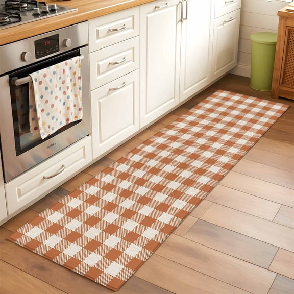 Kitchen Runner Rug Orange White Gingham Grid Runner Rugs for Bedroom Hallway Entryway Stair, Retro Farmhouse Plaid Area Rug Non-slip Washable Floor Carpet 2x6ft