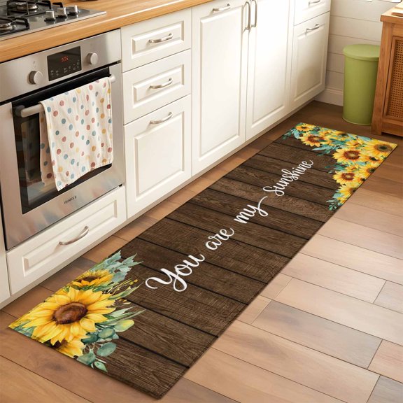 Kitchen Runner Rug Pastoral Sunflower Brown Plank Runner Rugs for Bedroom Hallway Entryway Stair, You Are My Sunshine Quote Washable Area Rug Non-slip Floor Carpet 2x6ft