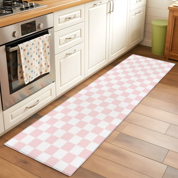 Kitchen Runner Rug Pink White Buffalo Plaid Runner Rugs for Bedroom Hallway Entryway Stair, Modern Minimalist Checkered Washable Area Rug Non-slip Floor Carpet 2x6ft