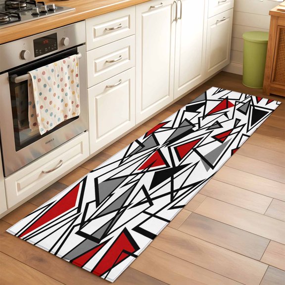 Kitchen Runner Rug Red Black Geometric Triangle Runner Rugs for Bedroom Hallway Entryway Stair, Modern Abstract Style Area Rug Non-slip Washable Floor Carpet 2x6ft
