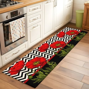 Kitchen Runner Rug Red Poppy Flower Retro Boho Runner Rugs for Bedroom Hallway Entryway Stair, Abstract Black Herringbone Washable Area Rug Non-slip Floor Carpet 2x6ft