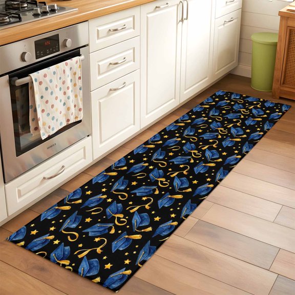Kitchen Runner Rug Repeating Graduation Caps Runner Rugs for Bedroom Hallway Entryway Stair, Stars and Tassels Area Rug Non-slip Washable Floor Carpet 2x6ft