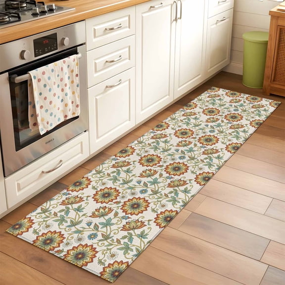 Kitchen Runner Rug Retro Blossom Floral Leaves on Beige Runner Rugs for Bedroom Hallway Entryway Stair, Rustic Flower on Beige Washable Area Rug Non-slip Floor Carpet 2x6ft