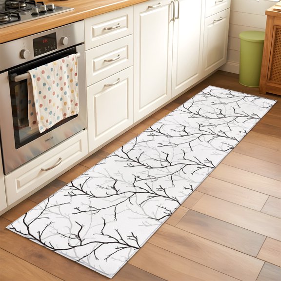 Kitchen Runner Rug Retro Tree Branches Texture Runner Rugs for Bedroom Hallway Entryway Stair, Vintage Plants on White Washable Area Rug Non-slip Floor Carpet 2x6ft