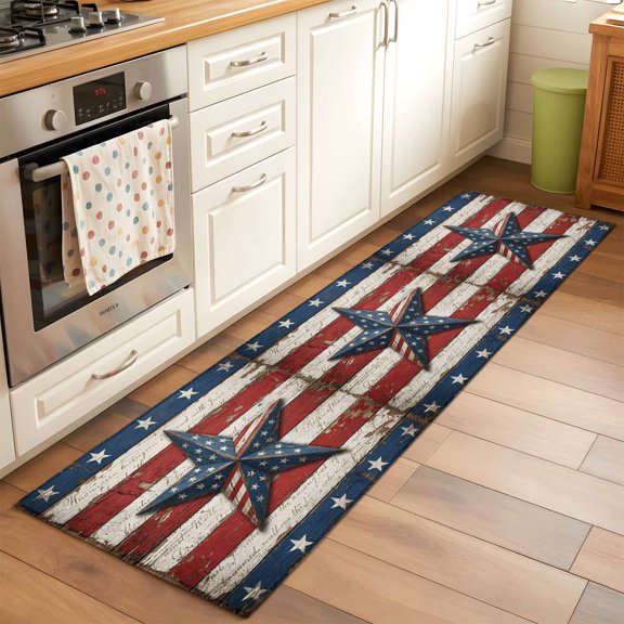 Kitchen Runner Rug Retro USA Flag Wood Texture Runner Rugs for Bedroom Hallway Entryway Stair, July 4th Red Blue White Star Stripe Area Rug Non-slip Washable Floor Carpet 2x6ft