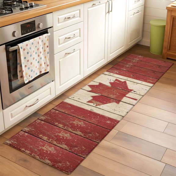 Kitchen Runner Rug Retro Wooden Stripes Maple Leafs Runner Rugs for Bedroom Hallway Entryway Stair, Country Red Brown Plank Area Rug Non-slip Washable Floor Carpet 2x6ft