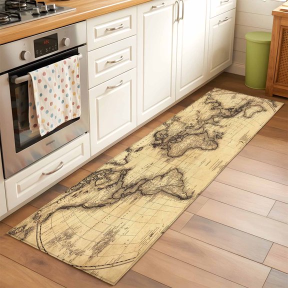 Kitchen Runner Rug Retro Yellow World Map North America Asia Runner Rugs for Bedroom Hallway Entryway Stair, Pacific Plate Washable Area Rug Non-slip Floor Carpet 2x6ft