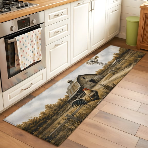 Kitchen Runner Rug Rural Rooster Wood Barn Windmill Runner Rugs for Bedroom Hallway Entryway Stair, Farmhouse Fence Wild Grass Area Rug Non-slip Washable Floor Carpet 2x6ft