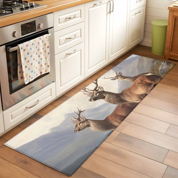 Kitchen Runner Rug Rustic Animal Deer Herd Runner Rugs for Bedroom Hallway Entryway Stair, Mountain Landscape Area Rug Non-slip Washable Floor Carpet 2x6ft