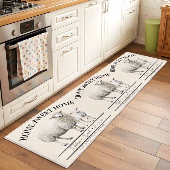 Kitchen Runner Rug Rustic Animal Farmhouse Sheep Runner Rugs for Bedroom Hallway Entryway Stair, Sweet Home Quote on Beige Washable Area Rug Non-slip Floor Carpet 2x6ft
