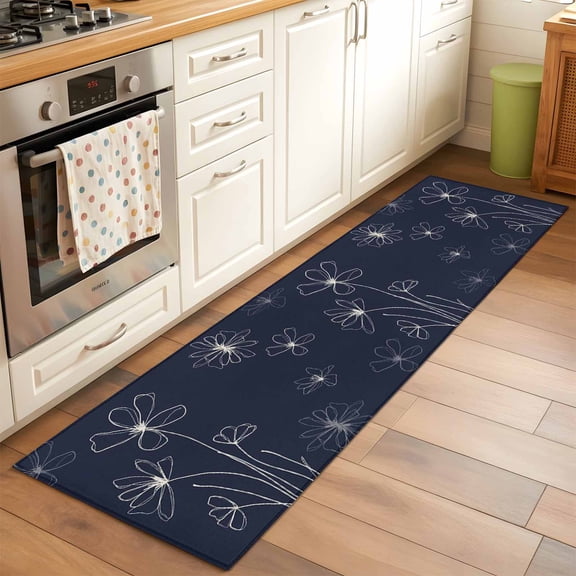 Kitchen Runner Rug Rustic Flower on Navy Blue Runner Rugs for Bedroom Hallway Entryway Stair, Minimalistic Abstract Floral Area Rug Non-slip Washable Floor Carpet 2x6ft
