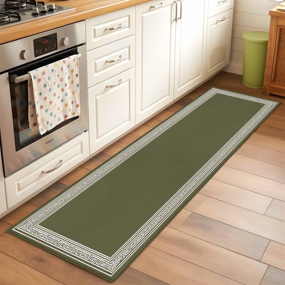 Kitchen Runner Rug Sage Green Stripe Meander Pattern Runner Rugs for Bedroom Hallway Entryway Stair, Retro Style Washable Area Rug Non-slip Floor Carpet 2x6ft