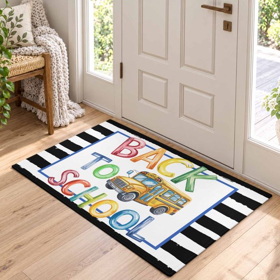 Kitchen Runner Rug School Season Yellow Bus Area Rug for Bedroom Living Room Rug 2x3ft, Soft Sponge Cushioned Non-Slip Washable Rugs, Black White Stripes Rectangle Rugs for Dining Room Office