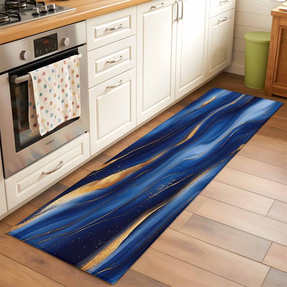 Kitchen Runner Rug Seamless Abstract Wavy Line Runner Rugs for Bedroom Hallway Entryway Stair, Gold Royal Blue Texture Washable Area Rug Non-slip Floor Carpet 2x6ft