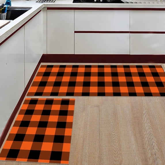 Kitchen Runner Rug Set 2 PCS, Halloween Orange and Black Buffalo Checke Plaid Runner Carpet Door Mats with Non Slip Rubber Backing Floor Mat for Laundry Bedside