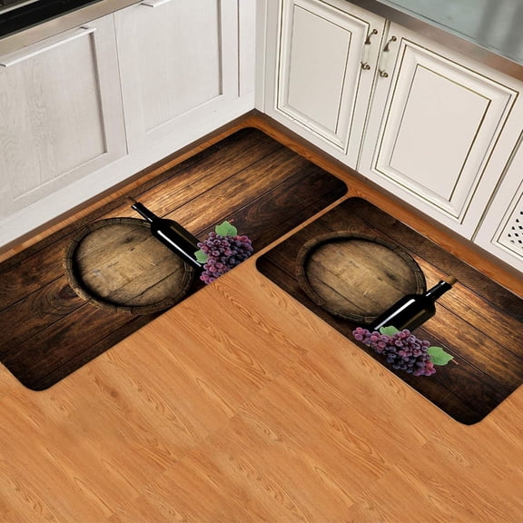 Kitchen Runner Rug Set 2 PCS, Retro Red Wine Fresh Grape Rustic Old Wooden Barrel Runner Carpet Door Mats with Non Slip Rubber Backing Floor Mat for Laundry Bedside