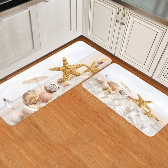 Kitchen Runner Rug Set 2 PCS, Shell Starfish Beach Sand Scenery Runner Carpet Door Mats with Non Slip Rubber Backing Floor Mat for Laundry Bedside