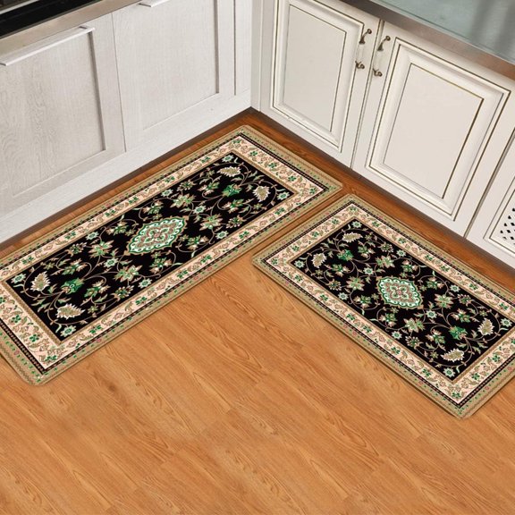 Kitchen Runner Rug Set 2 PCS, Turkey Style Floral Area Rug Texture Runner Carpet Door Mats with Non Slip Rubber Backing Floor Mat for Laundry Bedside