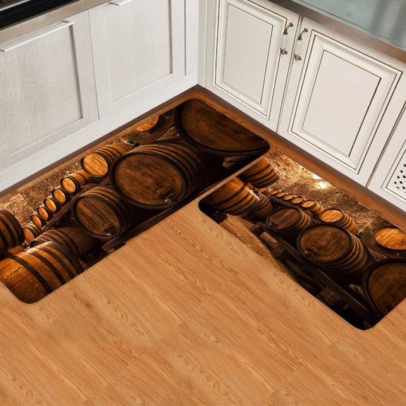 Kitchen Runner Rug Set 2 PCS, Vintage Farm Wooden Wine Barrel Manor Runner Carpet Door Mats with Non Slip Rubber Backing Floor Mat for Laundry Bedside