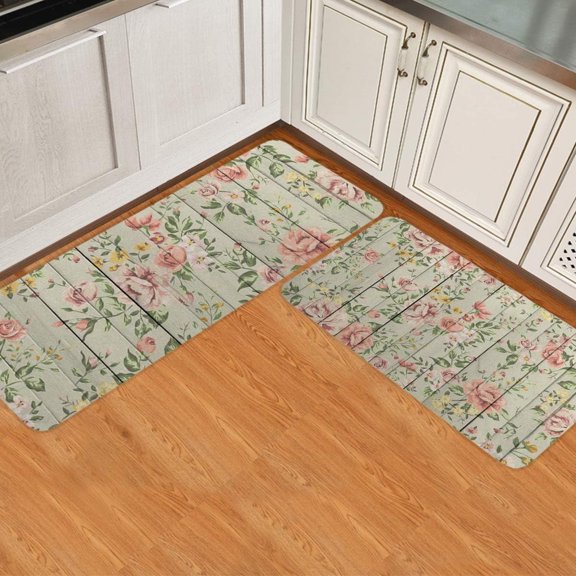 Kitchen Runner Rug Set 2 PCS, Vintage Flower Printing Retro Board Wood Grain Plank Runner Carpet Door Mats with Non Slip Rubber Backing Floor Mat for Laundry Bedside