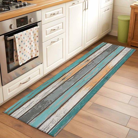 Kitchen Runner Rug Shabby Chic Farmhouse Wood Board Runner Rugs for Bedroom Hallway Entryway Stair, Rustic Teal Wooden Washable Area Rug Non-slip Floor Carpet 2x6ft