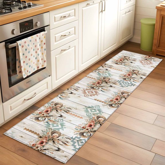 Kitchen Runner Rug Southwestern Ram Skulls Flower Runner Rugs for Bedroom Hallway Entryway Stair, Geometric Art Wood Grain Area Rug Non-slip Washable Floor Carpet 2x6ft