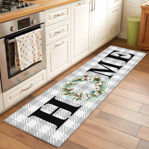 Kitchen Runner Rug Spring Eucalyptus Leaf Wreath Home Quote Gray Plaid Runner Rugs for Bedroom Hallway Entryway Stair, Farm Cotton Leaves Area Rug Non-slip Washable Floor Carpet 2x6ft