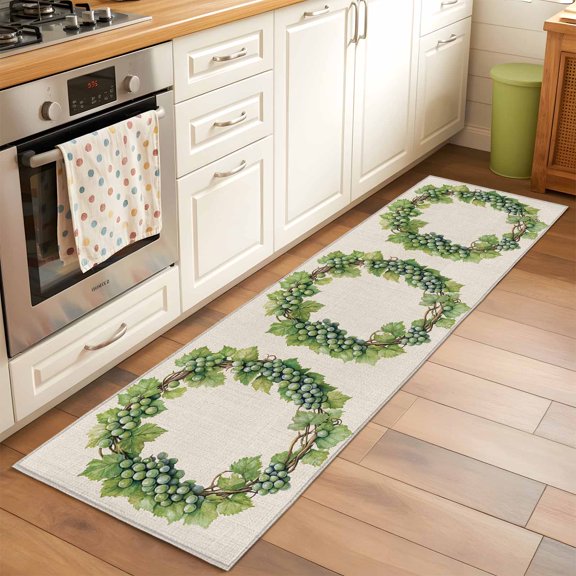 Kitchen Runner Rug Spring Green Grapes Vine on Beige Linen Runner Rugs for Bedroom Hallway Entryway Stair, Pastoral Botanical Area Rug Non-slip Washable Floor Carpet 2x6ft