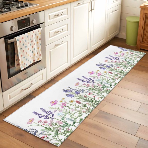 Kitchen Runner Rug Spring Pink Flower Green Leaves Runner Rugs for Bedroom Hallway Entryway Stair, Country Green Plant Herb Washable Area Rug Non-slip Floor Carpet 2x6ft