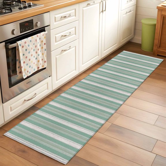 Kitchen Runner Rug Spring Sage White Stripes Runner Rugs for Bedroom Hallway Entryway Stair, Olive Tones Lines Washable Area Rug Non-slip Floor Carpet 2x6ft