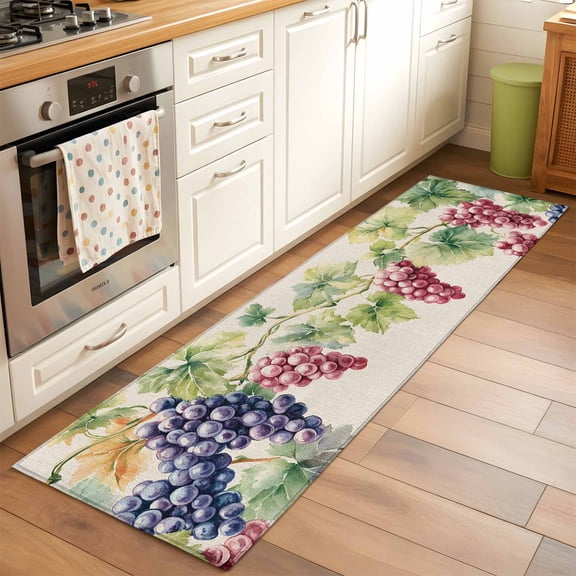 Kitchen Runner Rug Spring Watercolor Grape Leaves Runner Rugs for Bedroom Hallway Entryway Stair, Country Vine Retro Linen Area Rug Non-slip Washable Floor Carpet 2x6ft