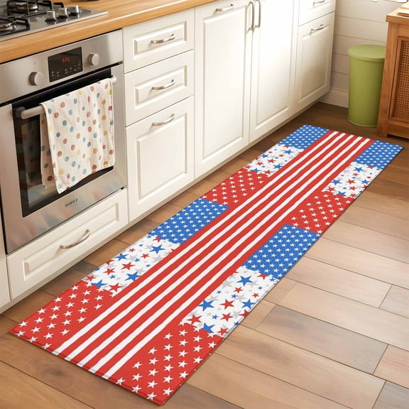 Kitchen Runner Rug Star and Striped Flag Runner Rugs for Bedroom Hallway Entryway Stair, Independence Day 250th Anniversary Area Rug Non-slip Washable Floor Carpet 2x6ft